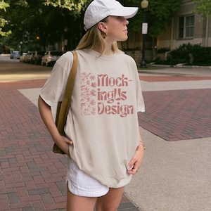 Ivory T-Shirt Streetwear Mockup, Ivory Comfort Colors C1717 Real Model 1717 Mock Outdoor Lifestyle,  Clean Girl Aesthetic Mock Up Pinterest