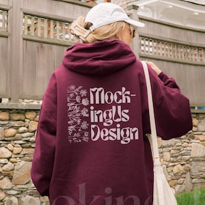Gildan 18500 Maroon Hoodie Mockup: Real Model Back View Oversized Maroon Hooded Sweatshirt Coastal