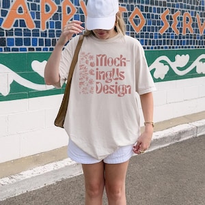 Ivory Comfort Colors T-Shirt Mockup Real Model | Ivory C1717 Streetwear Mock-up | Oversized Tee Outdoor Lifestyle Mock Pinterest Aesthetic