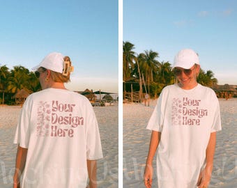 Comfort Colors 1717 Weiß Tshirt Mockup: Front Back Bundle, Beach Real