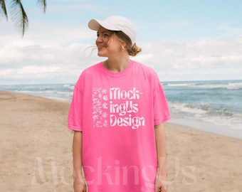 Comfort Colors 1717 Neon Pink Mockup Real Model | Summer Beach Lifestyle