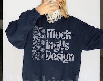 Gildan 18000 Navy Blue Sweatshirt Trendy Mockup Real, Oversized Crewneck Model Mock, Cozy Lifestyle Mock-up