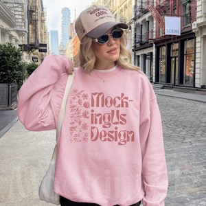 Gildan 18000 Light Pink Sweatshirt Real Mockup | City Lifestyle Mock