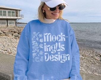 Carolina Blue Gildan 18000 Mockup Coastal Fisherman Lifestyle Real Model G180 Crewneck