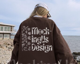 Dark Chocolate Gildan 18000 Back Mockup Coastal Streetwear Outdoor Lifestyle Real Model G180 Brown
