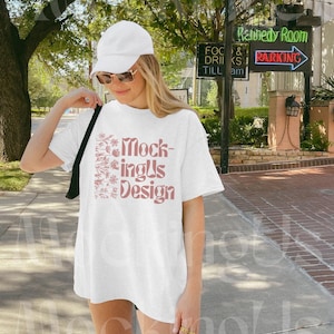 White Tshirt Mockup | Gildan 5000 Mock-up | Front of Shirt | Oversized White T Shirt | Outdoor Lifestyle Mock | Streetwear Y2K Model Mock