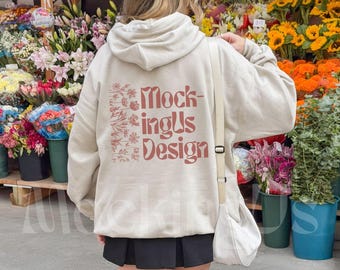 Sand Gildan 18500 Back Mockup NYC Flower Stand Streetwear Real Person G185 Beige Hoodie