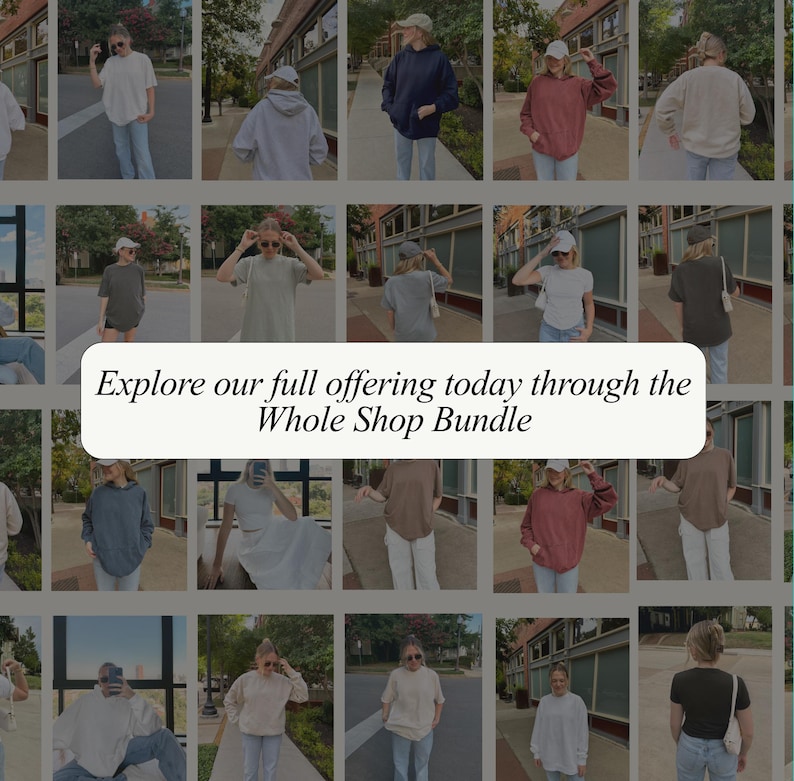 The image is a collage of various people in different outfits, with a central message encouraging exploration of the full offering at the Whole Shop Bundle.