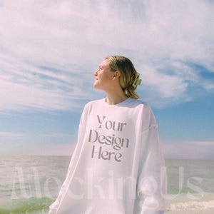 Gildan 18000 White Mockup Beach, White Crewneck Mockup Summer, Oversized Sweatshirt Mock up Real, Bridal Mock-up Bachelorette White Sweater