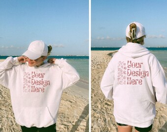 Weißer Gildan 18500 Hoodie Mockup Vorder- und Rückseite, Strand im Freien Lebensstil Echtes Modell