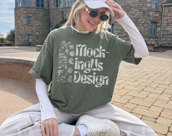 Comfort Colors 1717 Moss Lifestyle Mockup, Real Person Oversized C1717 Tshirt Green, Coastal Streetwear