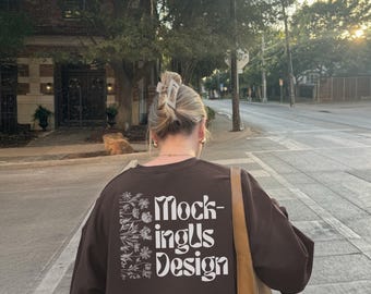 Gildan 18000 Dark Chocolate Mockup Back View | Real Model Sunset Lifestyle