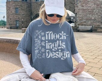 Comfort Colors 1717 Blue Jean Lifestyle Mockup, Real Person Oversized C1717 Tshirt, Coastal Streetwear