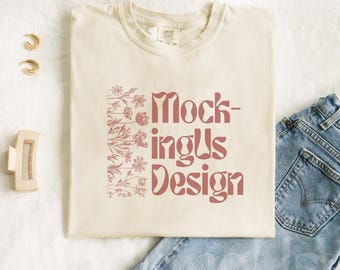 Comfort Colors C1717 Ivory Shirt Flat Lay Mockup | 1717 Ivory Folded Tshirt Mock-up | Real Product Mock | Trendy Flatlay Simple Mockup Ivory