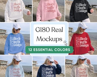 Gildan 18000 Sweatshirt Mockup Bundle Real Person Beach Outdoor Lifestyle Mocks Bundled G180 Crewneck