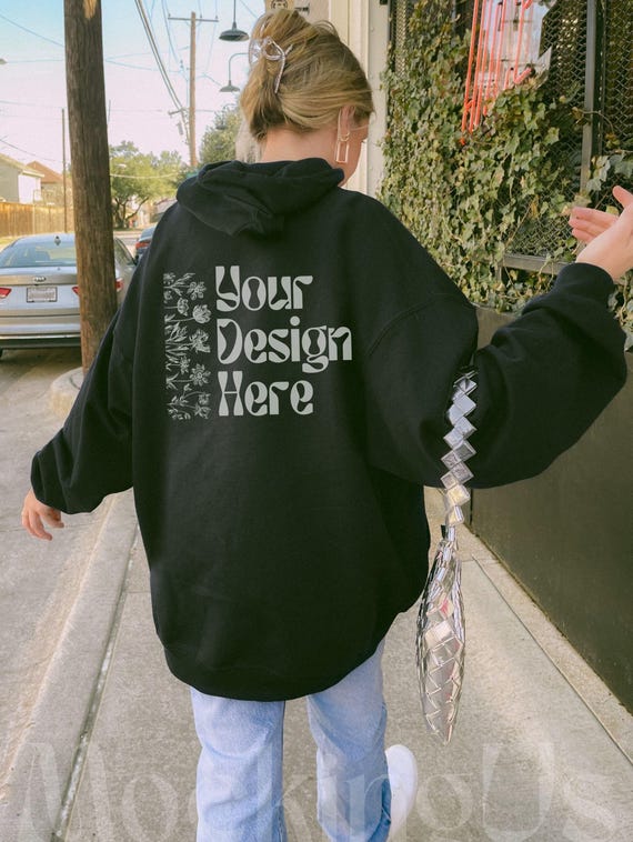 Gildan 18500 Black Mockup Back View | G185 Hoodie Sweatshirt Real Model Y2K Grunge