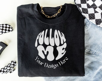 Black Gildan 18000 Mockup Flat Lay, Black Sweatshirt Mock-up, Folded Sweatshirt Mock, Minimalist Gildan Front, Y2K Streetwear Flatlays Cute