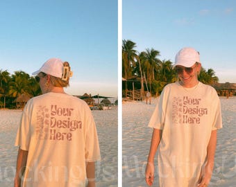 Ivory Comfort Colors 1717 Mockup Bundle, Vorder- und Rückseite, Beach Lifestyle, CC1717 Real Model
