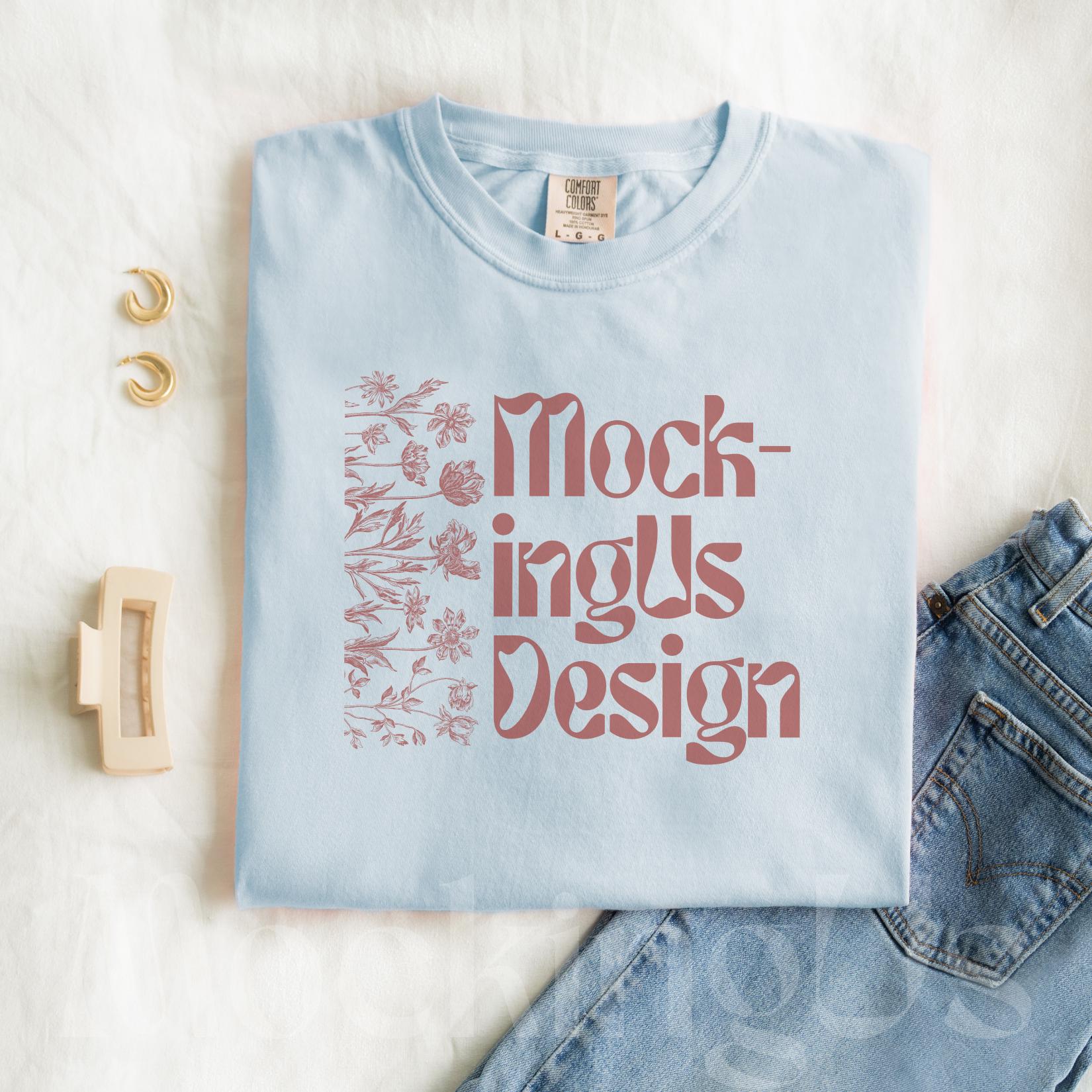 Comfort Colors C1717 Chambray Shirt Mockup, Comfort Colors Chambray Mockup, Chambray 1717 Flat Lay, Folded Mockup Trendy Aesthetic Simple