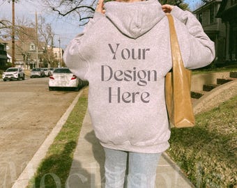 Gildan 18500 Sport Grey Hoodie Mockup Back View City Lifestyle Real Model Oversized Hoodie