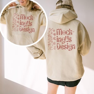 Gildan 18500 zandhoodie met capuchon, voorkant, achterkant, dubbelzijdig, G185, echt model, minimalistisch