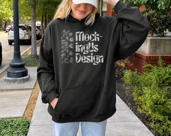 Maqueta de sudadera con capucha negra Gildan 18500 (modelo real) / Estilo urbano grunge