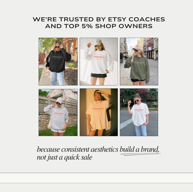 The image is a collage of six photos featuring a woman wearing a sweatshirt with a logo, each with a caption describing the image.