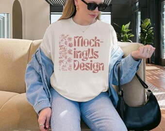 Gildan 5000 Natural Mockup Real Model | Styled Outfit Pinterest Mock