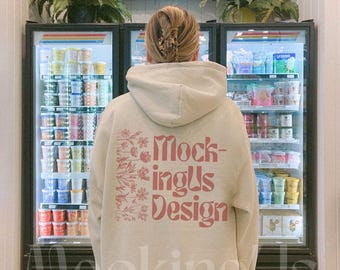 Sand Gildan 18500 Hoodie Back Mockup Streetwear Grocery Store Lifestyle Real Model G185