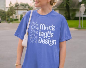 Comfort Colors 1717 Periwinkle Shirt Mockup: Real Model Front View Oversized Periwinkle Tee Outdoor Lifestyle