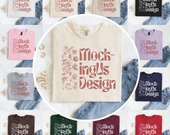Pacchetto di mockup flat lay Gildan 5000, mockup di magliette piegate realistiche, G5000 Flatlay