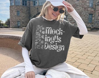 Comfort Colors 1717 Pepper Lifestyle Mockup, Real Person Oversized Tshirt, Coastal Streetwear Style