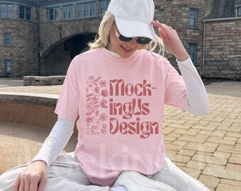 Comfort Colors 1717 Blossom Lifestyle Mockup, Real Person Oversized C1717 Tshirt Pink, Coastal Streetwear
