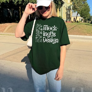 Gildan 5000 bosgroen shirtmodel echt model outdoor lifestyle trendy oversized T-shirt
