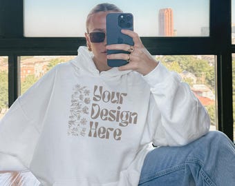 Gildan 18500 White Hoodie Mockup | Mirror Selfie Pinterest Mock