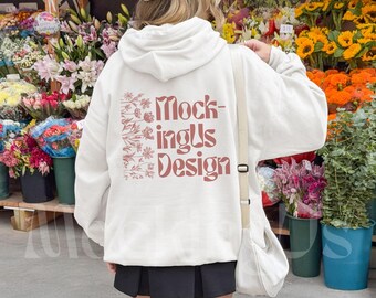 White Gildan 18500 Back Mockup NYC Flower Stand Streetwear Real Person G185 Hoodie