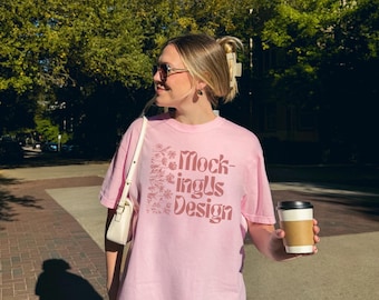 Comfort Colors C1717 Blossom Mockup, Pink TShirt Oversized, Outdoor Lifestyle Mocks, Streetwear Mock-ups