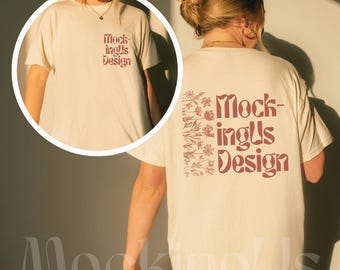 Gildan 5000 Natural T-Shirt Mockup, Vorder- und Rückseite, echte Person, 2 seitig