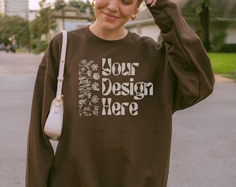 Gildan 18000 Sweatshirt Mockup, Chocolate Brown Crewneck Mock, Fall Mockups, Y2K Aesthetic, Outdoor Lifestyle Mockups, Front of Pullover