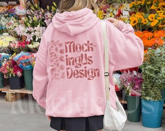 Light Pink Gildan 18500 Back Mockup City Flower Stand Streetwear Real Person G185 Hoodie