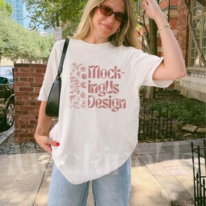 White Tshirt Mockup Lifestyle Aesthetic, Comfort Colors C1717 White Real Person Mock Up, 1717 White T-Shirt Mock-up, Outdoor TikTok Mockup