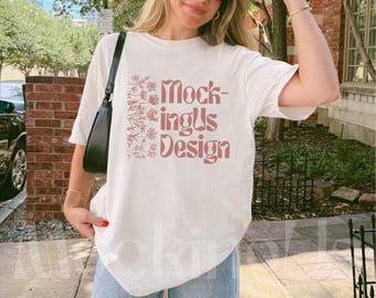 White Tshirt Mockup Real, Comfort Colors C1717 Outdoor Lifestyle