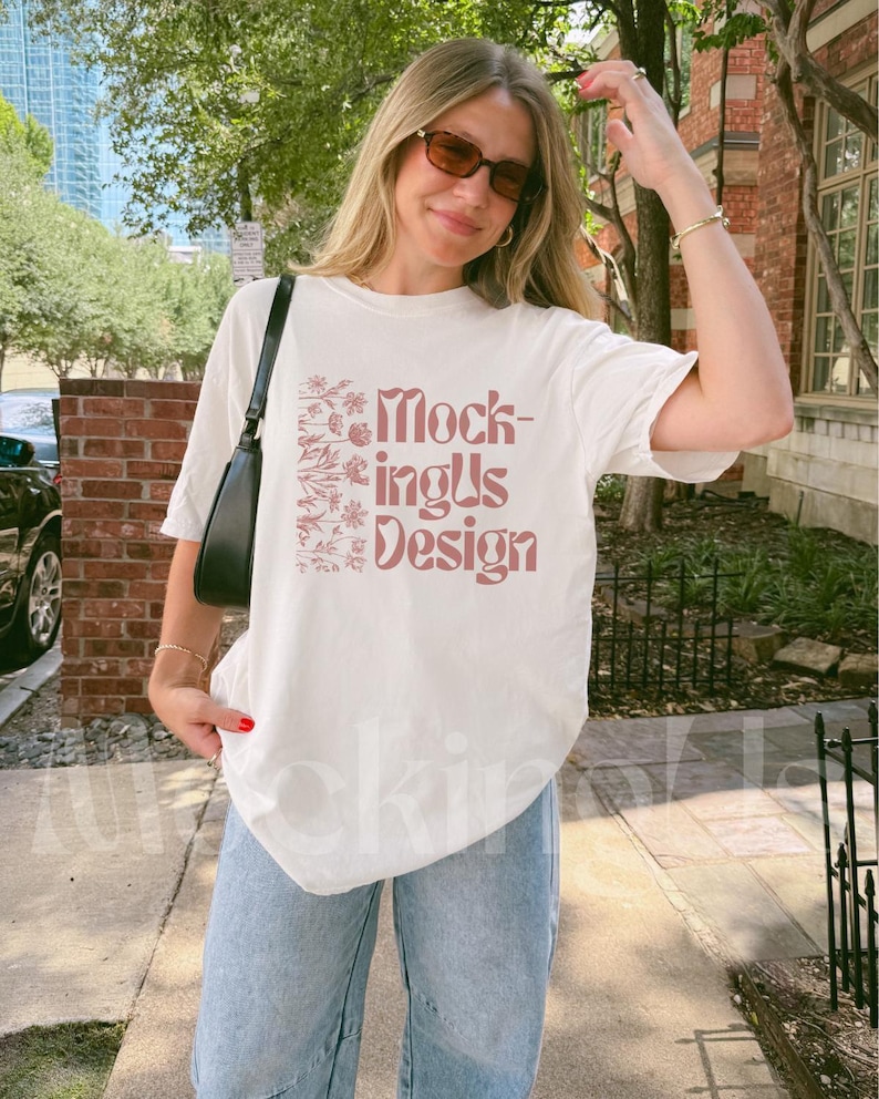 White Tshirt Mockup Lifestyle Aesthetic, Comfort Colors C1717 White Real Person Mock Up, 1717 White T-Shirt Mock-up, Outdoor TikTok Mockup