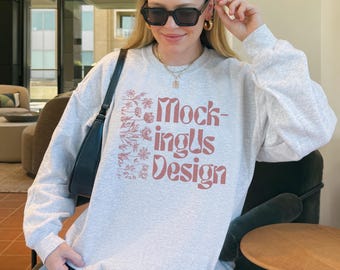 Ash Gray Gildan 18000 Mockup Real Model Grey Sweatshirt Lifestyle Pinterest Mock