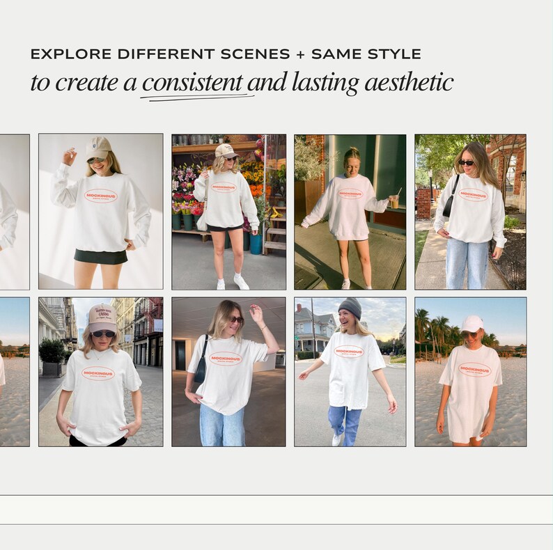 The image is a collage of various photos featuring a person wearing a white shirt with the word "MOCKKIND" printed on it. The person is shown in different settings, such as walking down a street, standing in front of a building, and posing in front of a palm tree. The collage includes multiple photos of the person wearing the "MOCKKIND" shirt, showcasing different styles and poses.