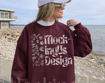 Maroon Gildan 18000 Mockup Streetwear Coastal Fisherman Real Model Crewneck G180