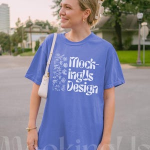 Comfort Colors 1717 Periwinkle Shirt Mockup: Real Model Front View Oversized Periwinkle Tee Outdoor Lifestyle