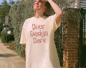 Comfort Colors C1717 Ivory Mockup, Real Person, Summer Outdoor Lifestyle, Oversized Trendy Aesthetic