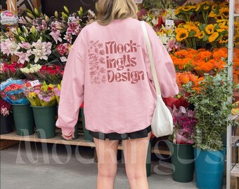 Light Pink Gildan 18000 Back Mockup NYC Flower Stand Streetwear Real Person G180 Crewneck