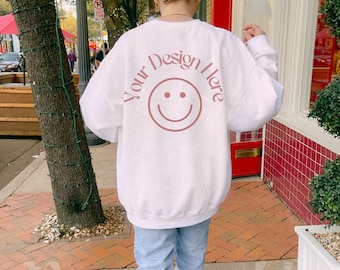 Gildan 18000 White Sweatshirt Mockup Back View Trendy Downtown City Lifestyle Real Model Crewneck